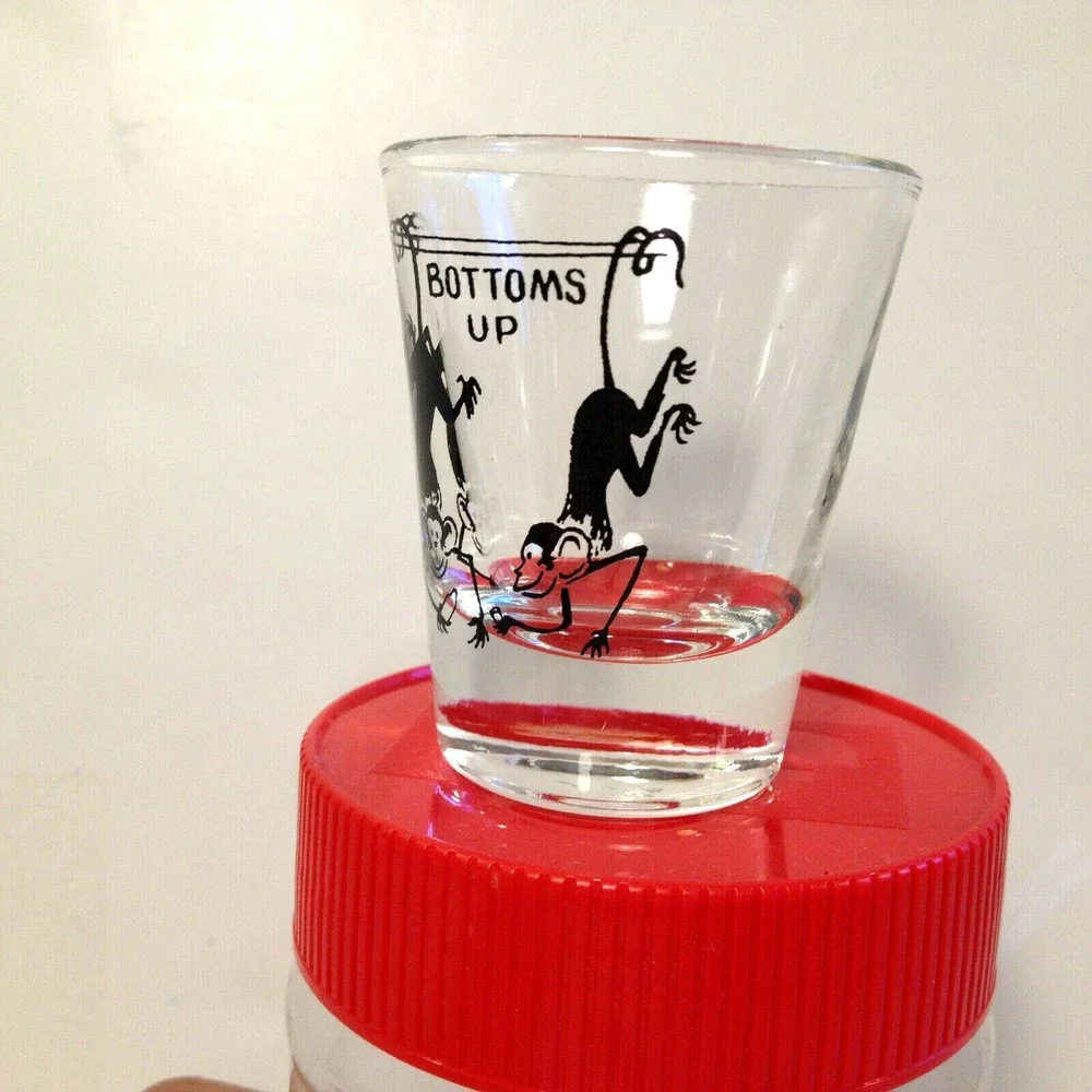 Vintage Collectable Bottoms Up Shot Glass Upside Down Monkeys Anchor Hocking